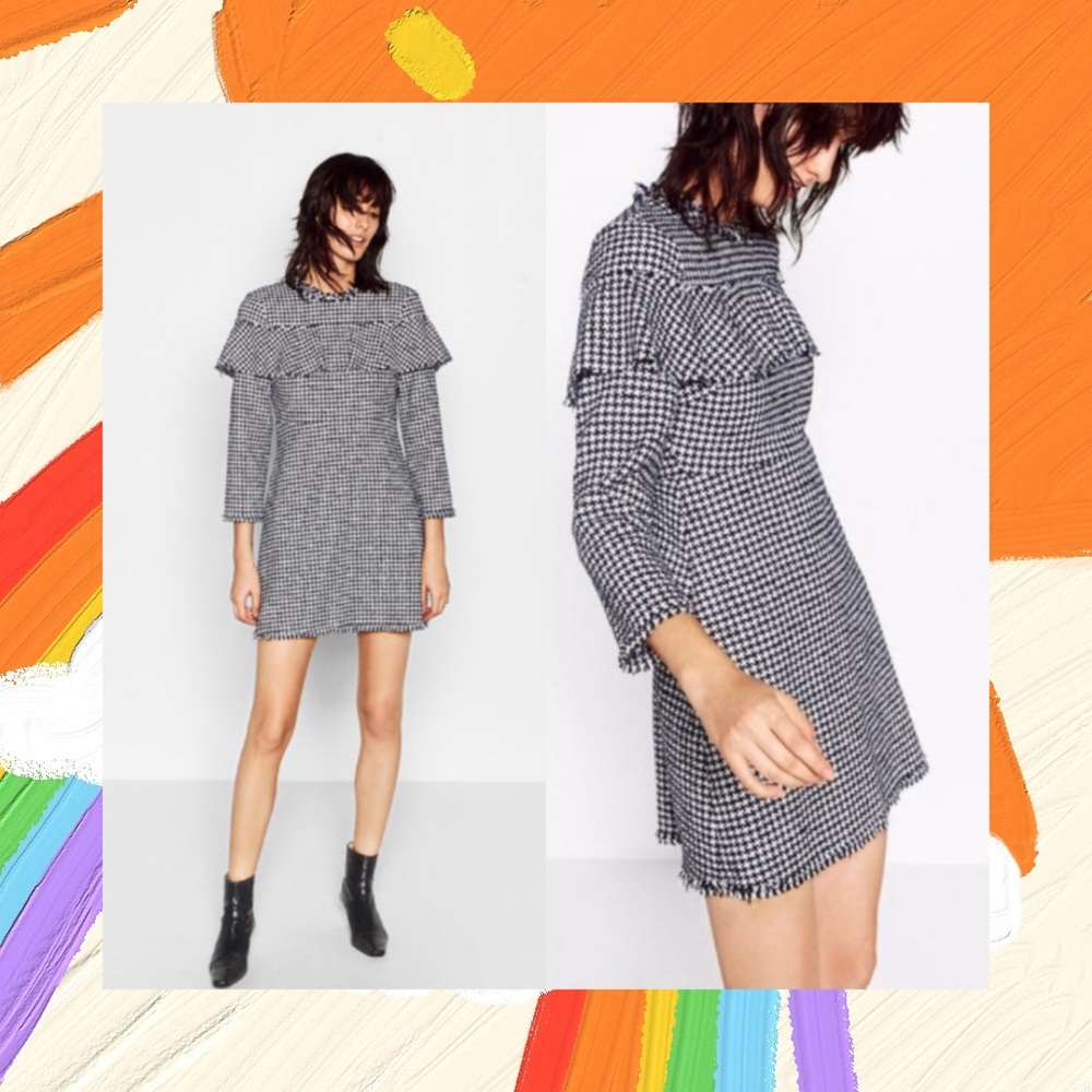Zara Houndstooth Frill Tweed Dress